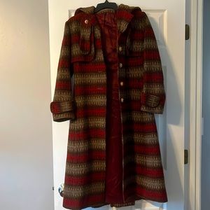 Vintage Boho Pattern Wool Coat with Hood & Belt